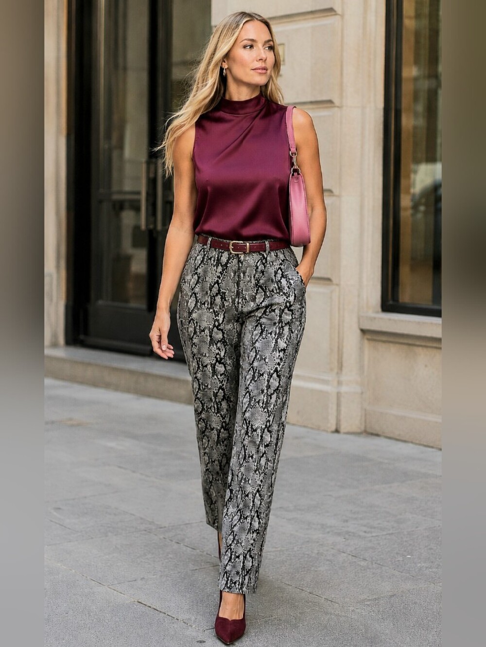 MANGO🎀MNG Snakeskin Print Slim High Rise Viscose Gray Pants Sz: 10